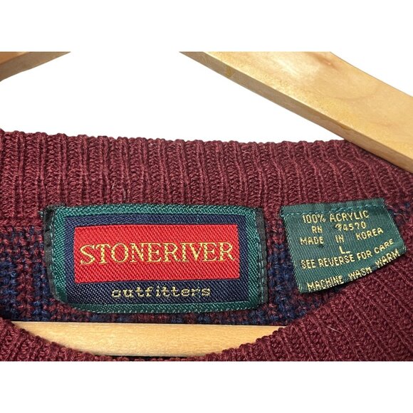VTG Stoneriver Outfitters Men L Maroon Blue Patterned Crew Sweater Acrylic 80's - Picture 11 of 16